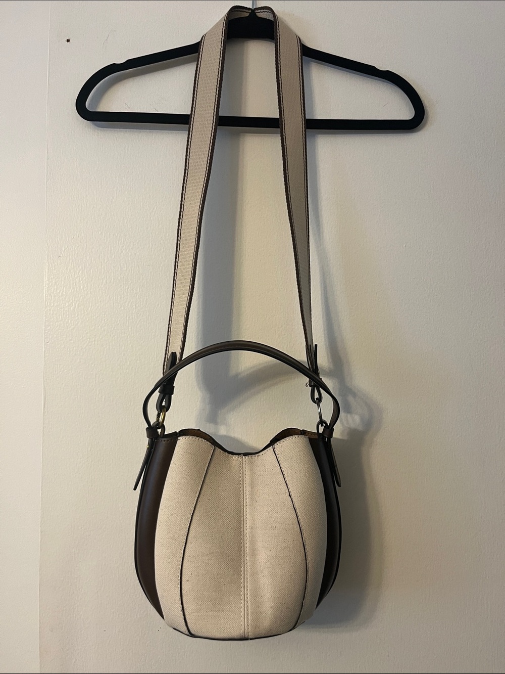 Zara Cream Canvas & Brown Leather Crossbody Bucket Bag